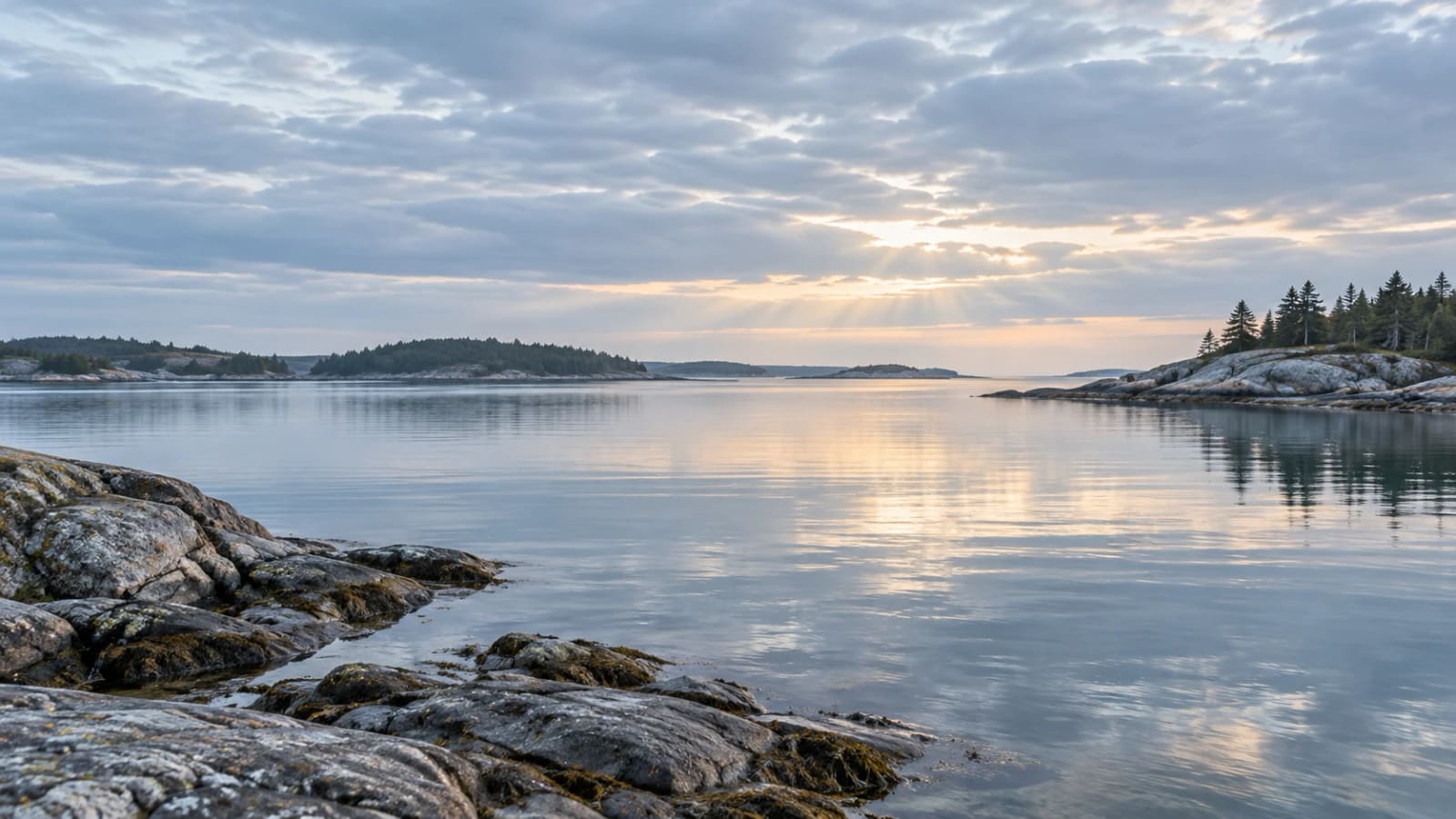 A still coastal inlet at first light, with sunlight breaking through a bank of low cloud
