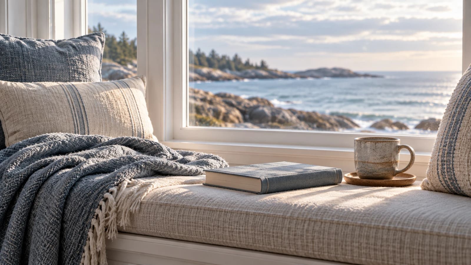 A cushioned window seat with a folded throw, a closed book and a mug, looking out over the coast