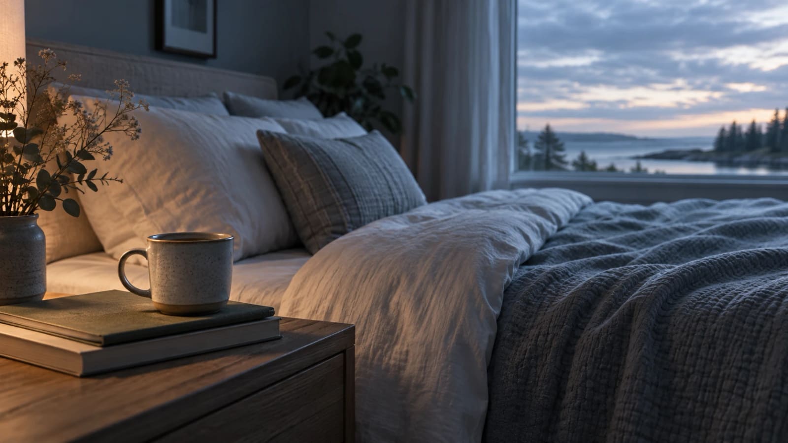 A mug left on a stack of books beside a bed at dusk, a lamp lit and the sea visible through the window