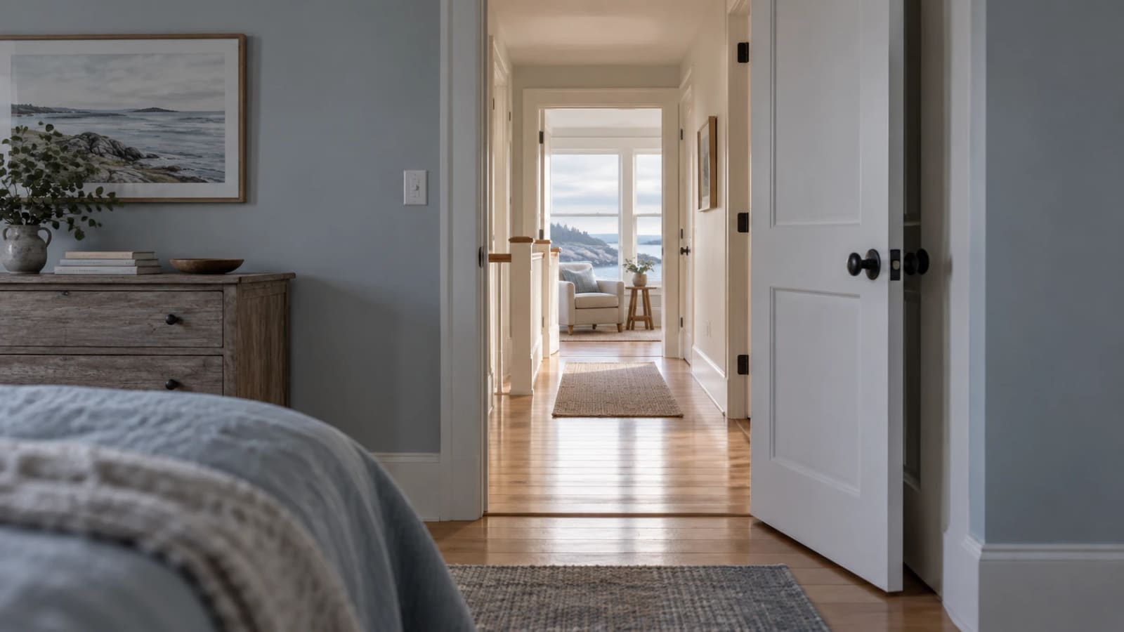 A bedroom door standing open onto a sunlit hallway, with a further room visible beyond it
