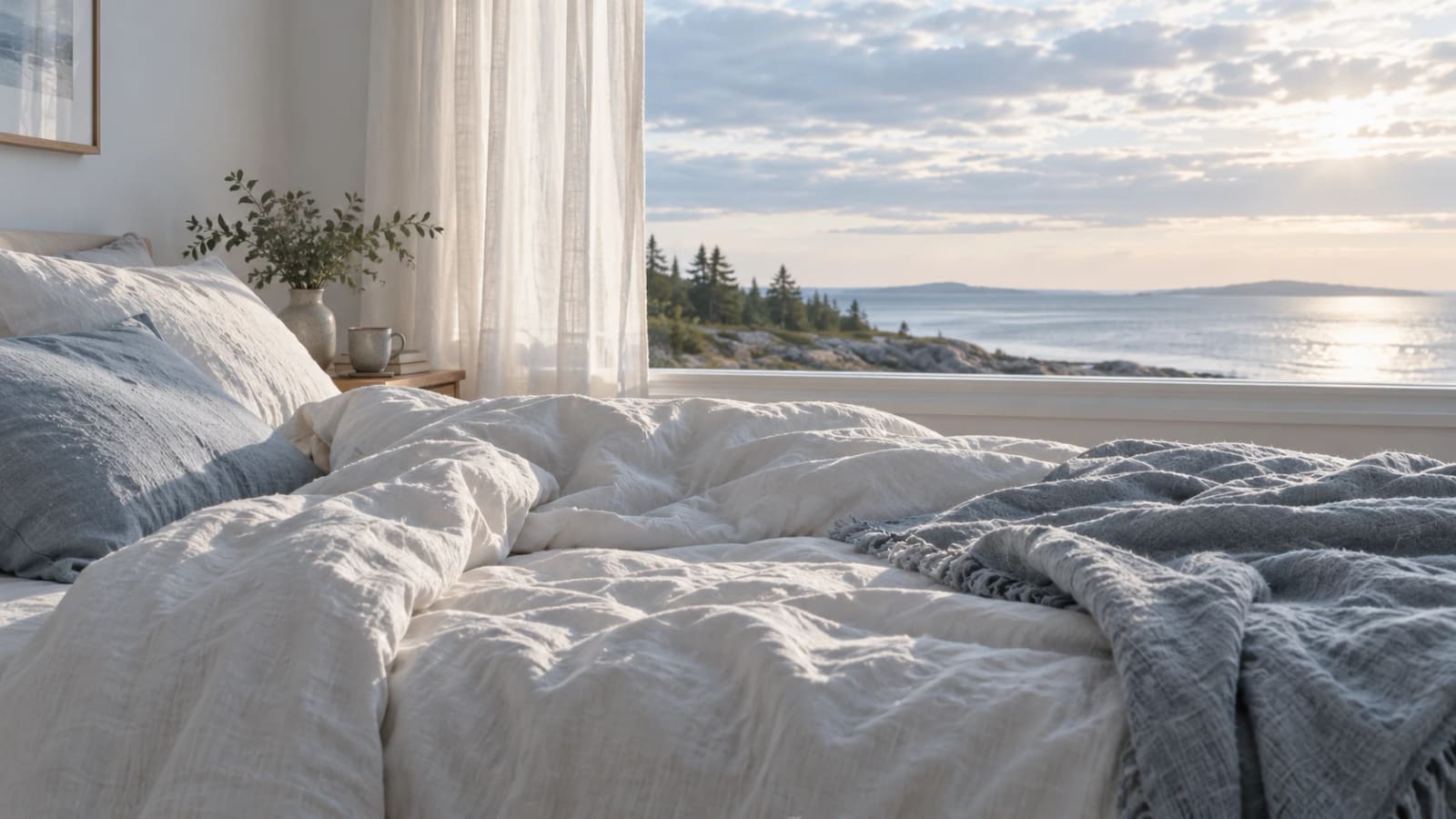 Morning light falling across rumpled white linen bedding beside a window onto the sea