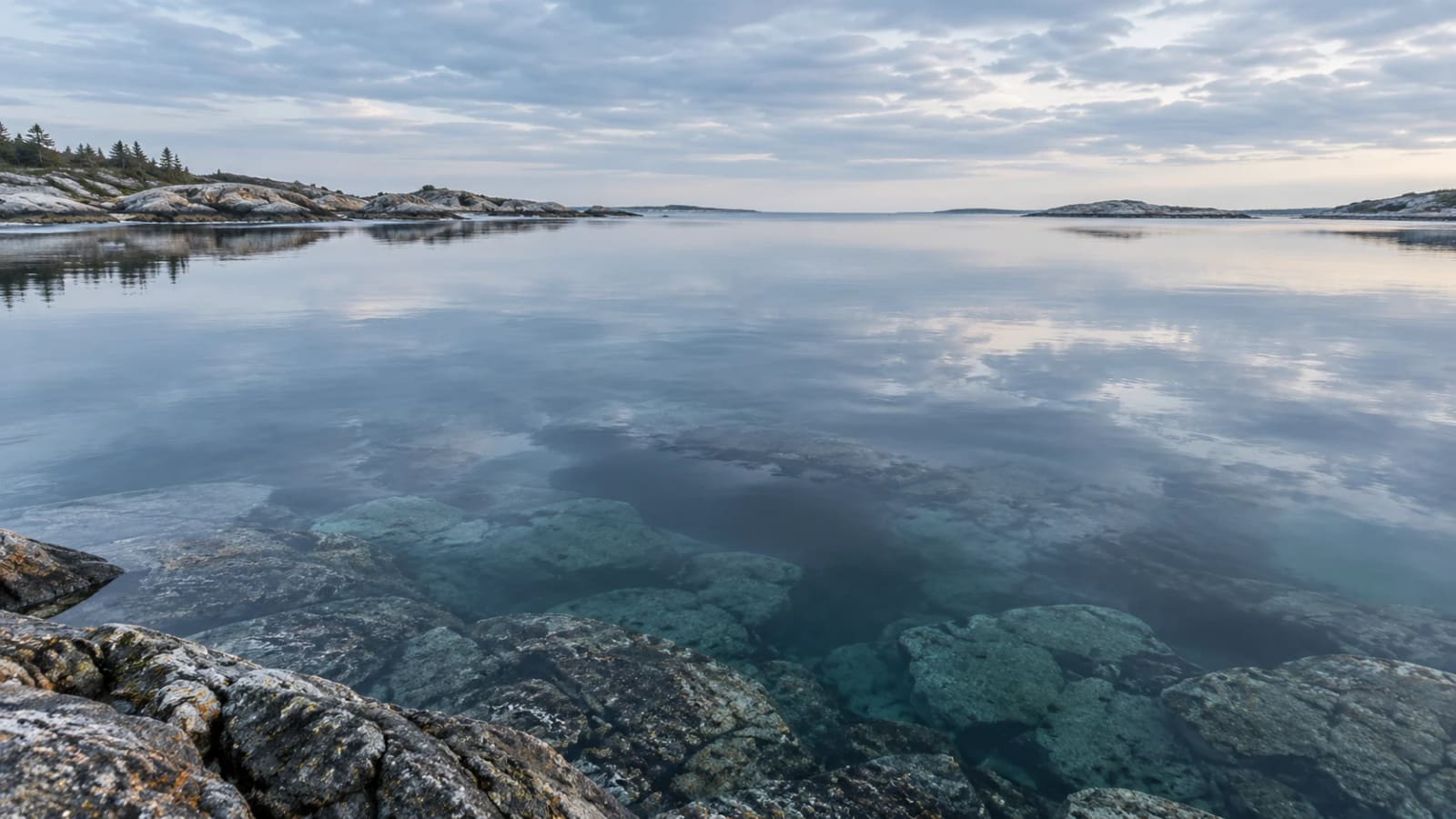 Deep, still, clear water over submerged rock in a sheltered cove under a flat grey sky
