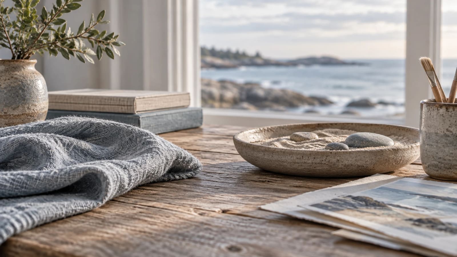 A sand tray holding smooth stones, beside a woven throw, books and brushes on a weathered wooden table