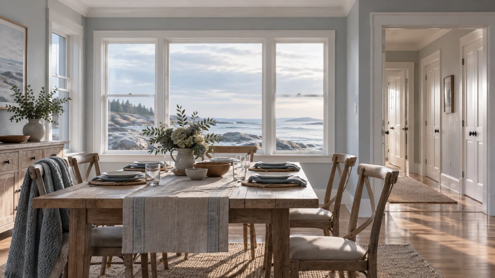 A long table set for a meal in an empty dining room, with a coastal view through the windows