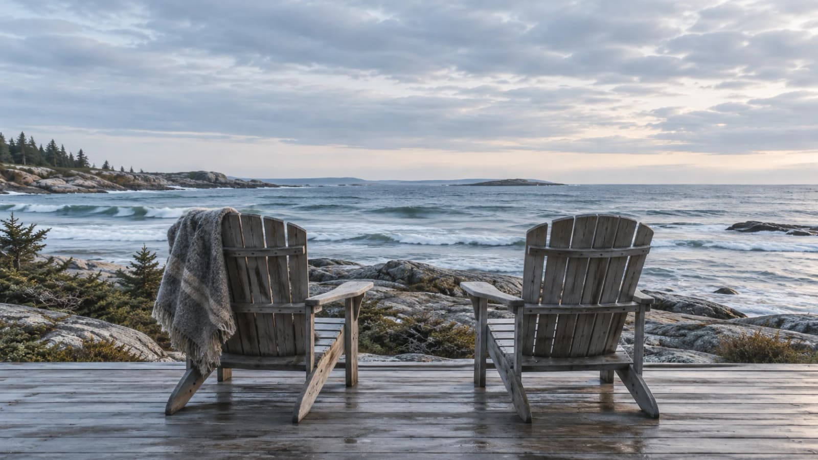 Two weathered wooden chairs side by side on a deck facing the sea, a blanket left over one of them