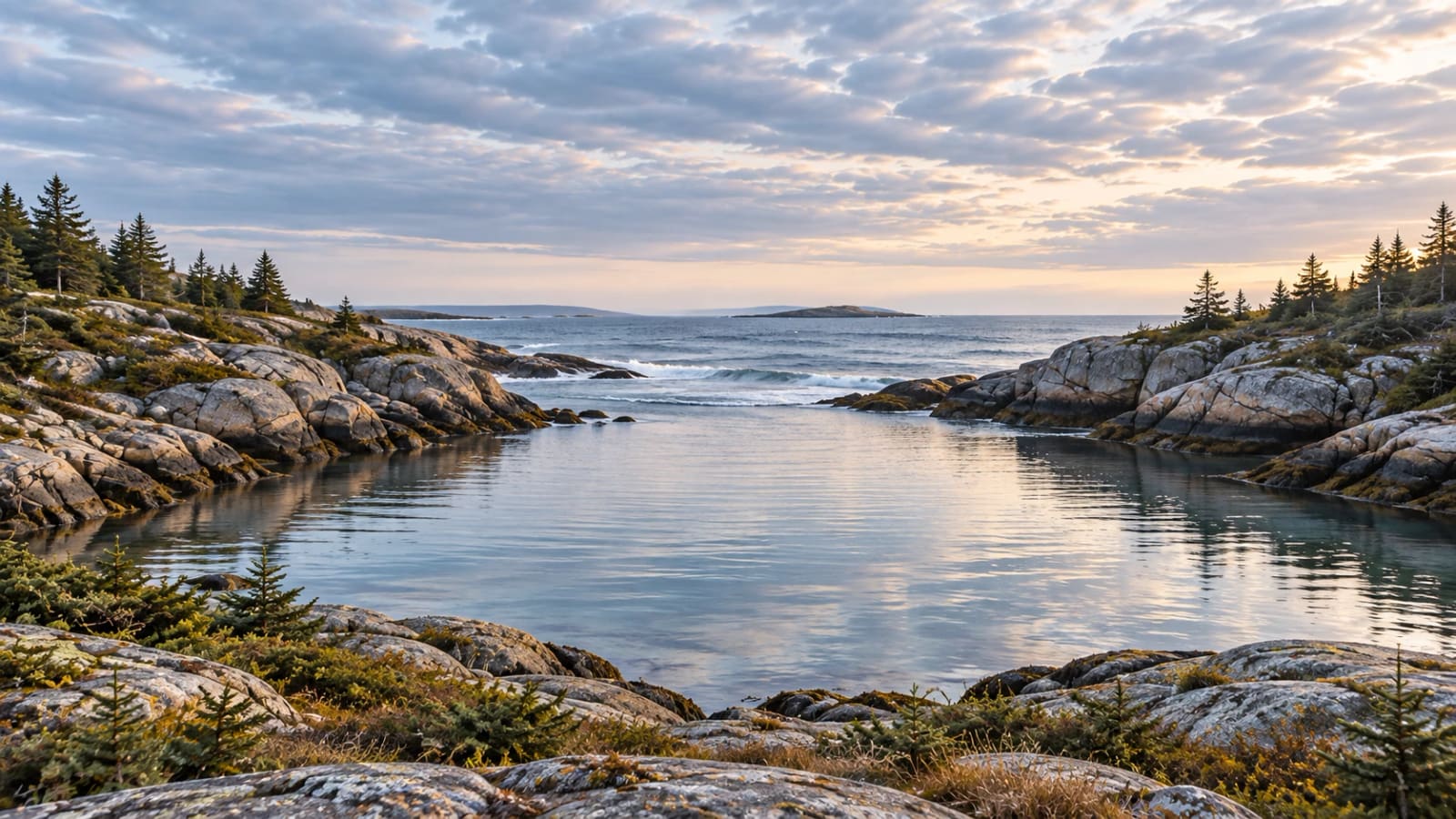 A sheltered cove ringed by rock, the water inside it calm while the open sea runs past the entrance