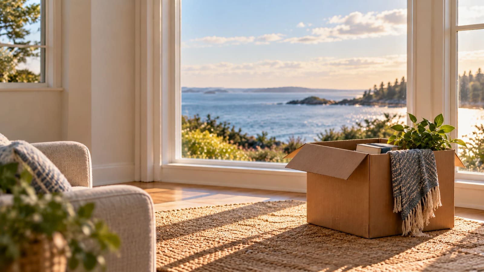 A packed cardboard box holding books and a folded throw, standing on a rug in a sunlit room with the sea beyond the window