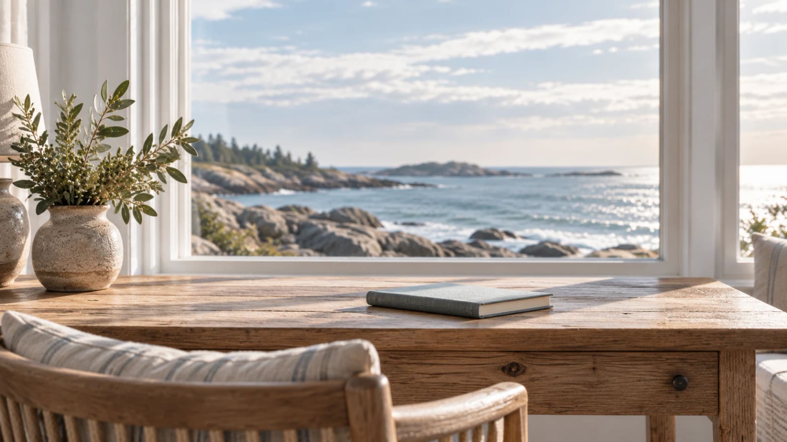 A plain wooden table by a window with a single closed book on it, morning light across the surface