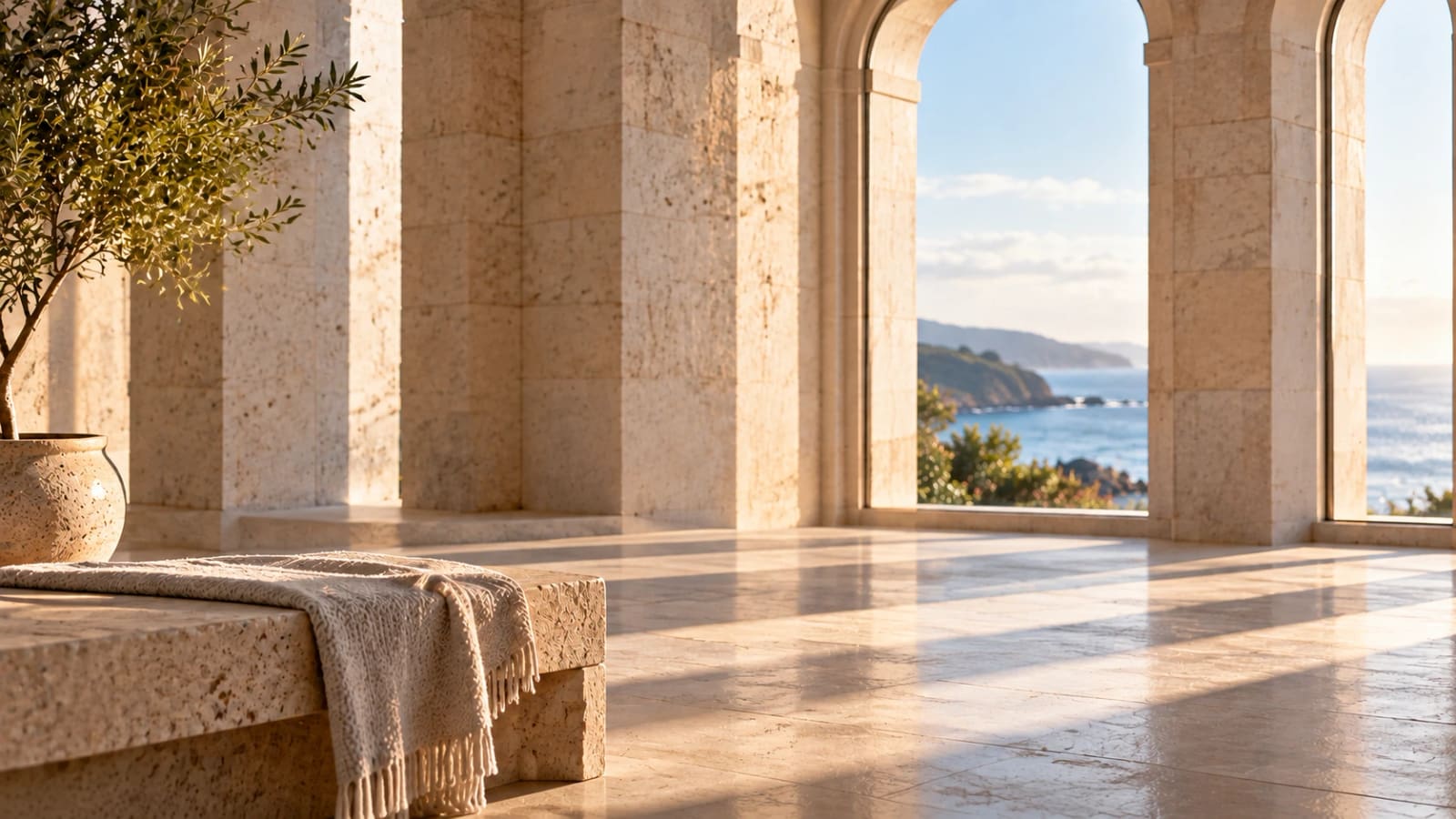 An empty stone colonnade opening onto the sea, sunlight falling in long bands across the floor, with a bench and an olive tree at one side