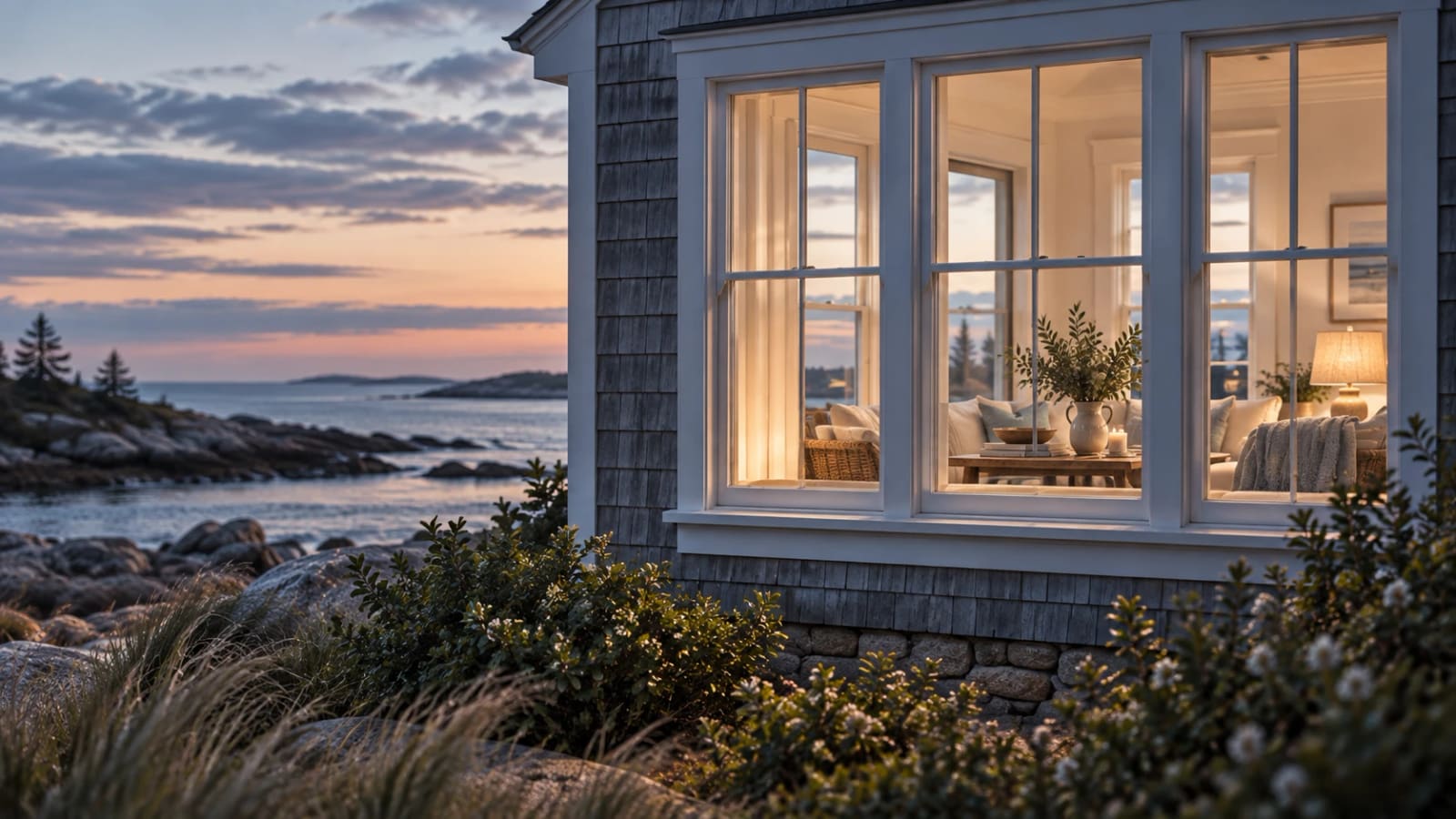 A lit window seen from outside at dusk, a warm room visible within, with the coast beyond
