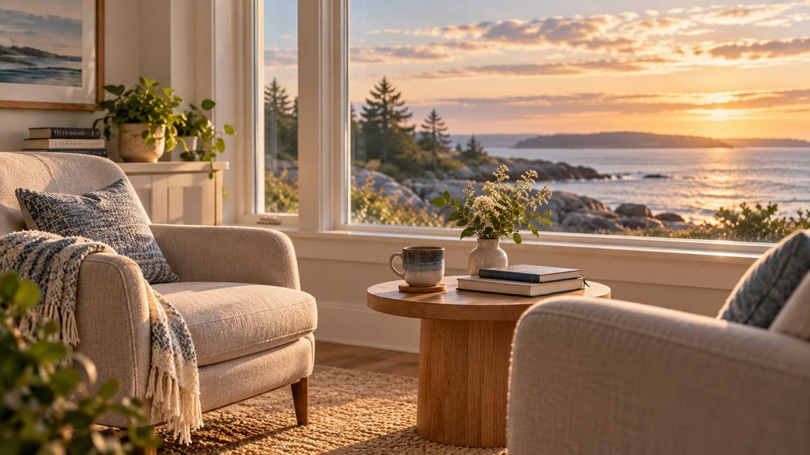 Two armchairs facing each other across a small wooden table with a mug and books, a window behind them looking out over a rocky shoreline at sunset